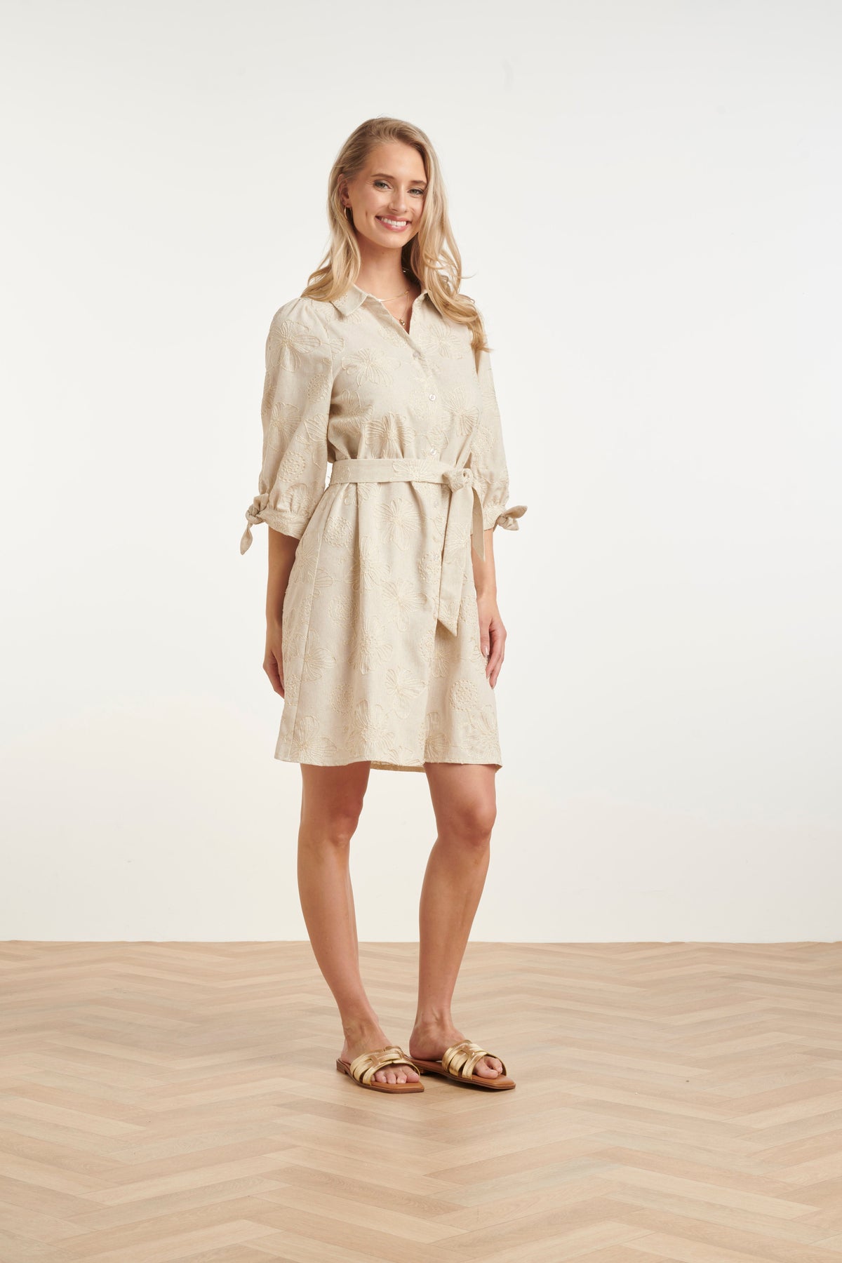 Women's Floral Women's Dress – Sand-colored Dress with Embroidery