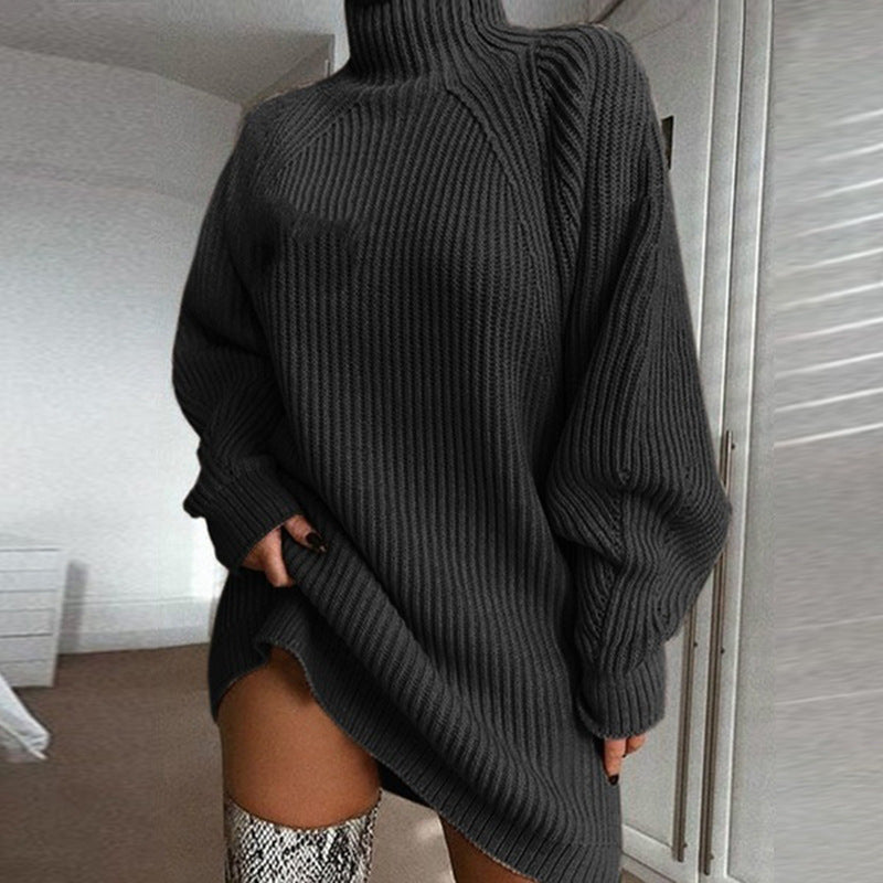 Knitted solid-color half-collared shoulder-sleeved dress