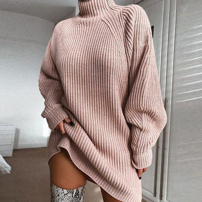 Knitted solid-color half-collared shoulder-sleeved dress