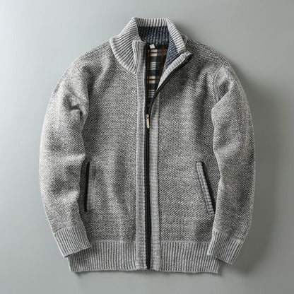 Men Stand Collar Knitted Fleece-Lined Cardigan Coat