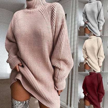 Knitted solid-color half-collared shoulder-sleeved dress