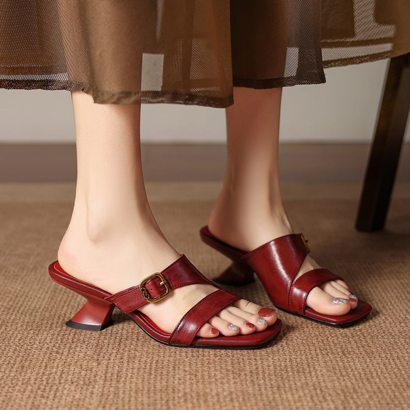 Women's Genuine Leather Heels – Kiara Genuine Leather Open-Toe Mule Heels