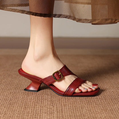 Women's Genuine Leather Heels – Kiara Genuine Leather Open-Toe Mule Heels