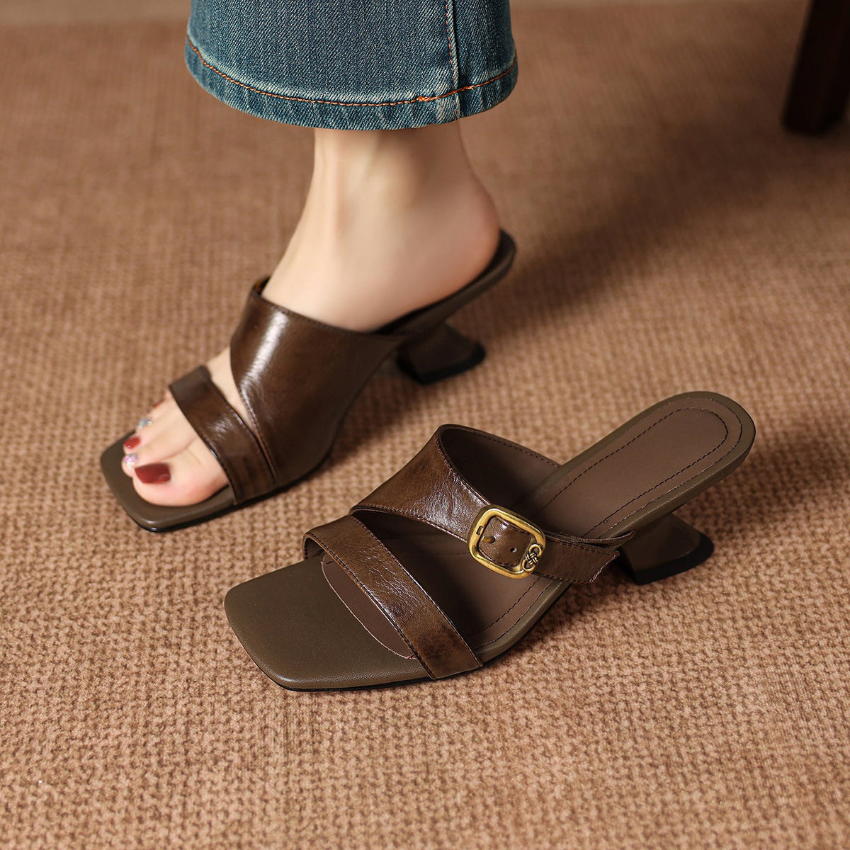 Women's Genuine Leather Heels – Kiara Genuine Leather Open-Toe Mule Heels