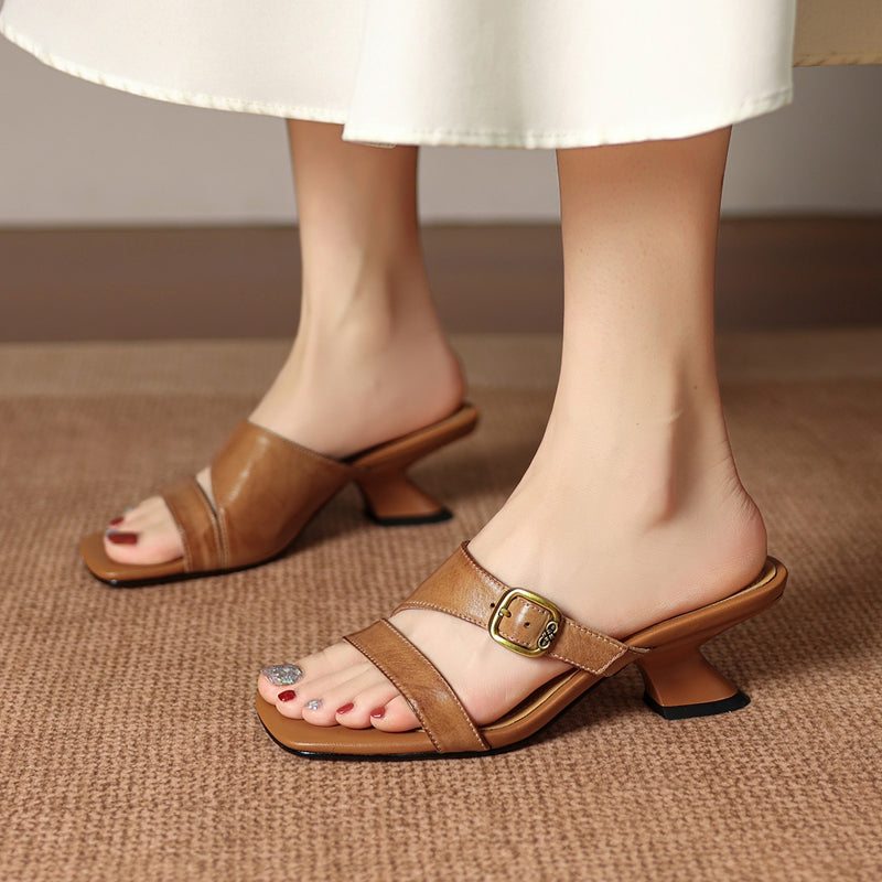Women's Genuine Leather Heels – Kiara Genuine Leather Open-Toe Mule Heels
