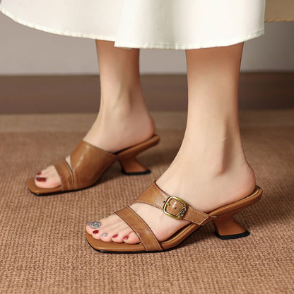 Women's Genuine Leather Heels – Kiara Genuine Leather Open-Toe Mule Heels