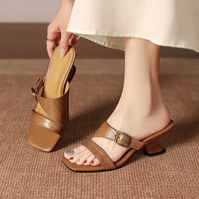 Women's Genuine Leather Heels – Kiara Genuine Leather Open-Toe Mule Heels