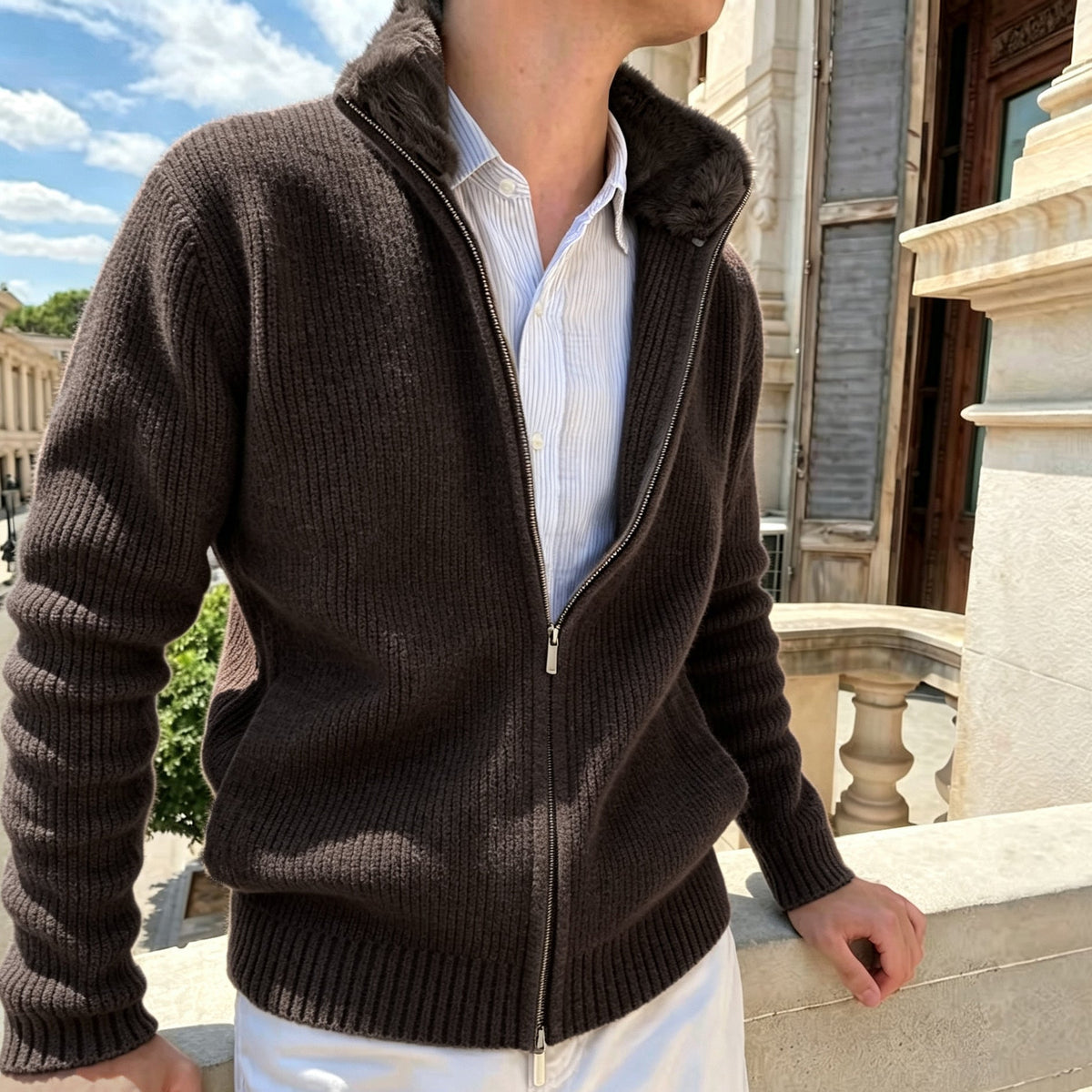 Men’s Fur Collar Knitted Cardigan