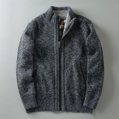 Men Stand Collar Knitted Fleece-Lined Cardigan Coat
